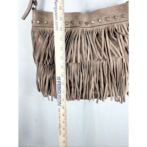 Michael Kors Billy Fringe Boho Crossbody Bag Taupe Suede Studded Western Style - Picture 10 of 16
